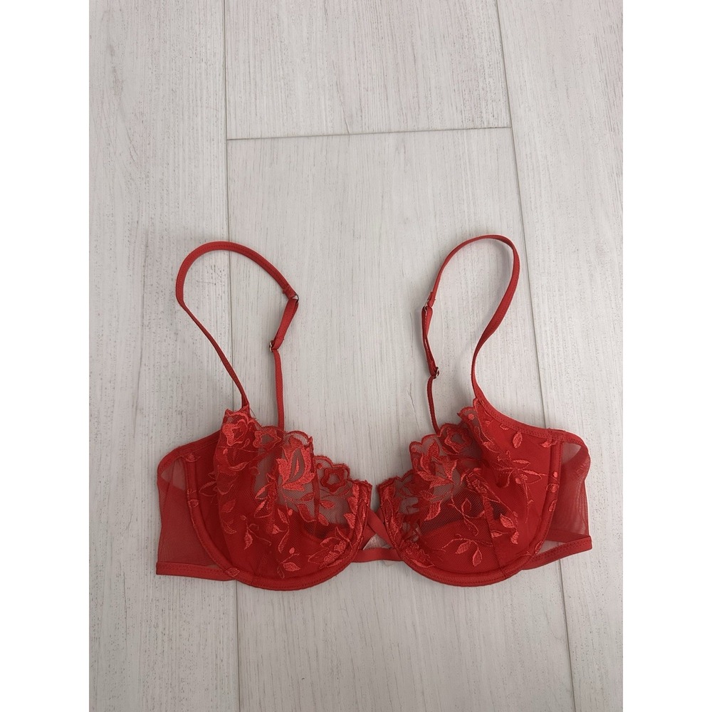 Vintage Victoria's Secret Very Sexy Demi Bra Sz 34C Red Mesh Embroidered